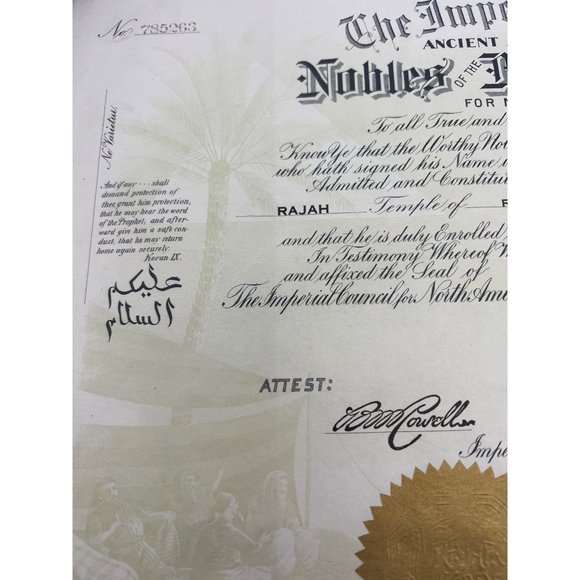 1927 Nobles of the Mystic Shrine Membership Certificate Rajah Temple Reading PA - Picture 2 of 8